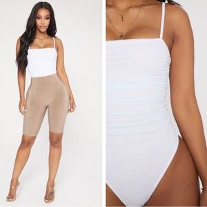 Shape White Mesh Ruched Detail Thong Bodysuit - PrettyLittleThing